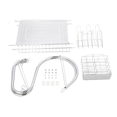 A silver S-shaped 2-layer metal dish drainer with a clear plastic tray and utensil holders.