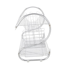 Silver S-shaped two-layer metal dish drainer with clear drip trays.