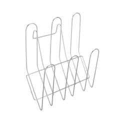 A silver metal dish drainer with an S-shaped design and multiple vertical slots.