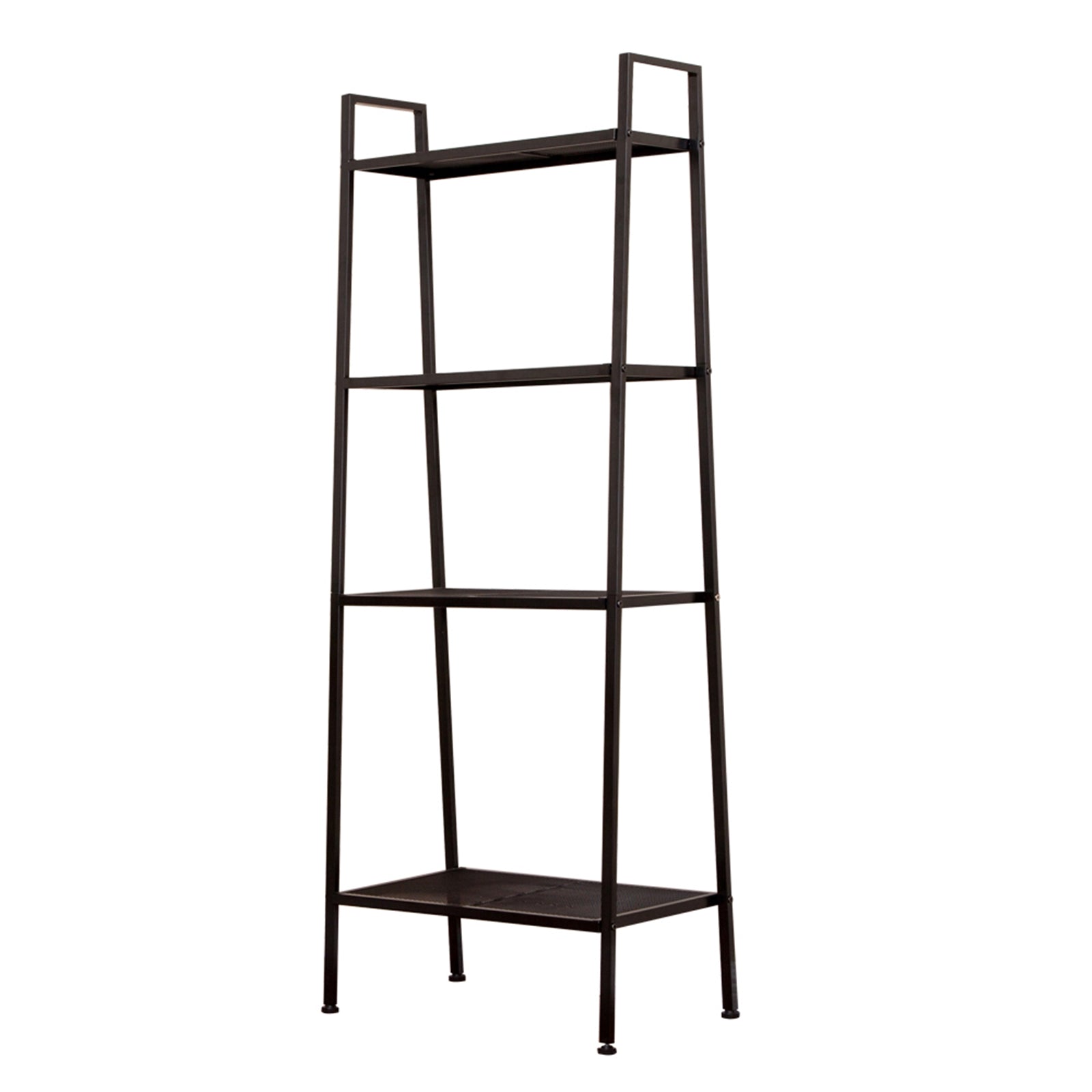 A black iron 4-tier bookshelf with sturdy frame and open shelves.