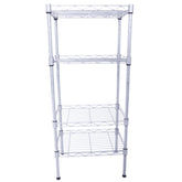 A silver-gray, four-tier carbon steel storage rack with wire shelves.
