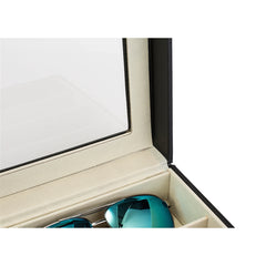Black PU leather sunglasses case with 8 slots and clear acrylic lid, open to show teal frames.
