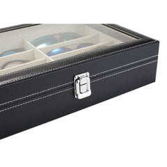 Black PU leather sunglasses case with 8 fleece-lined slots and clear acrylic lid.