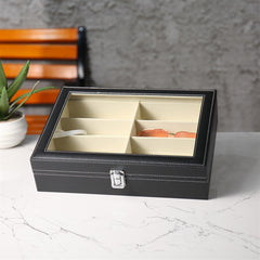 Black PU leather sunglasses storage case with 8 slots and clear acrylic lid.