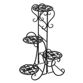 Black iron plant stand with four tiers for pots, suitable for indoor or outdoor use.
