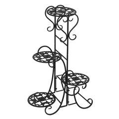 Black iron plant stand with four tiers for pots, suitable for indoor or outdoor use.