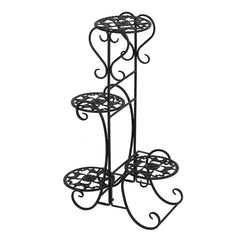 Black iron plant stand with four tiers for indoor or outdoor use.