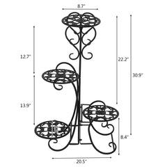 Black iron 4-tier plant stand with ornate scrolls and dimensions marked.