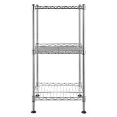 3-tier chrome steel wire shelving tower with open shelves and adjustable height.