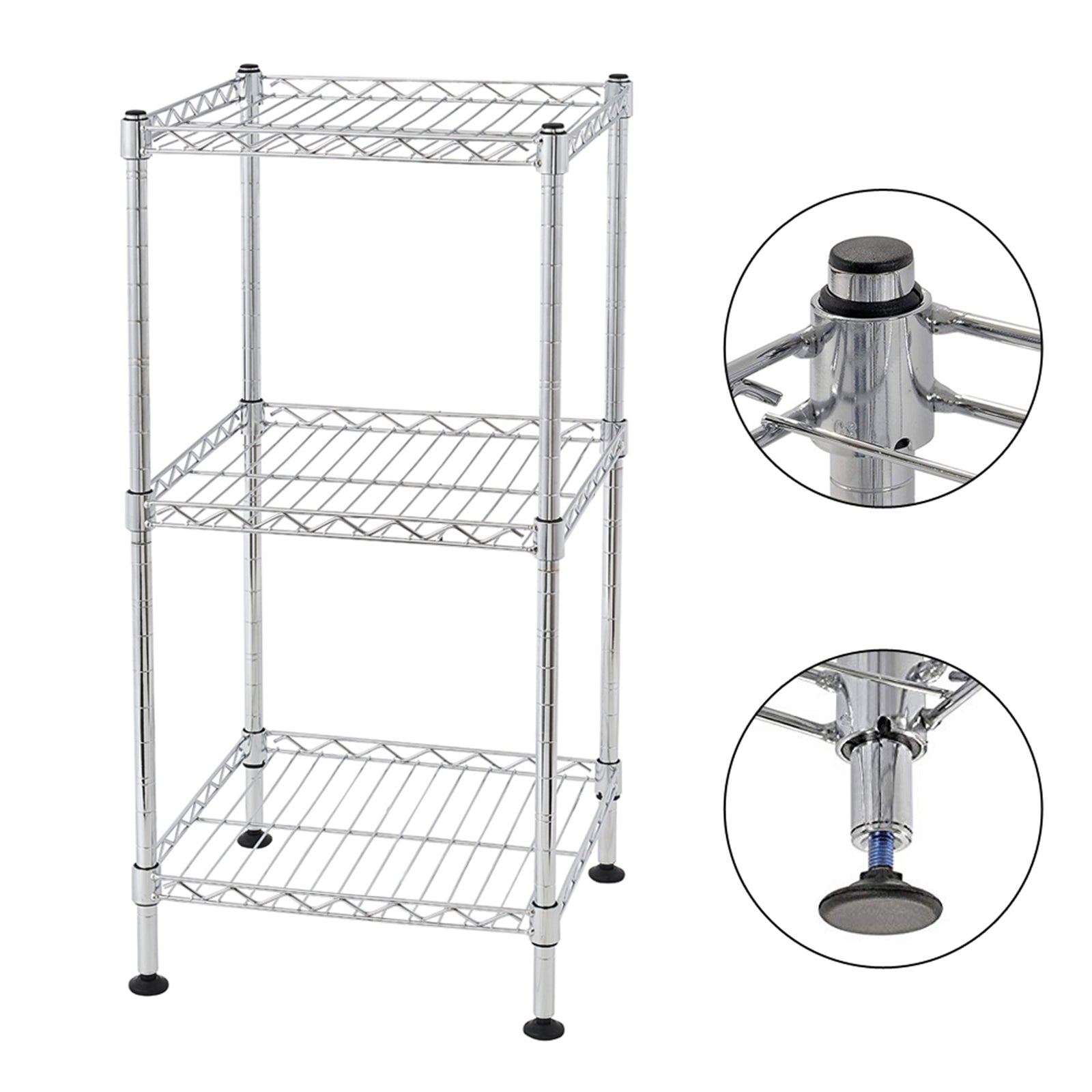 3-tier chrome steel wire shelving tower with adjustable feet and open shelves.