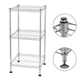 3-tier chrome steel wire shelving tower with adjustable feet and open shelves.