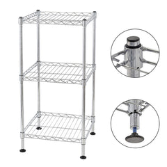 3-tier chrome steel wire shelving tower with adjustable feet and open shelves.