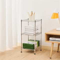 3-tier chrome steel wire shelving tower with books and supplies on shelves.