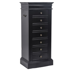Black jewelry armoire with 7 drawers, 24 necklace hooks, and full-length mirror.