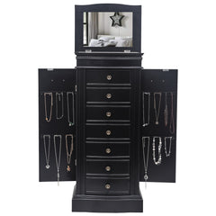 Black jewelry armoire with mirror, open doors showing 24 necklace hooks and 7 drawers.