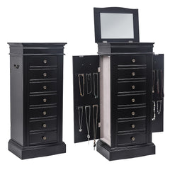 Black jewelry armoire with open lid mirror, 7 drawers, and 24 necklace hooks.