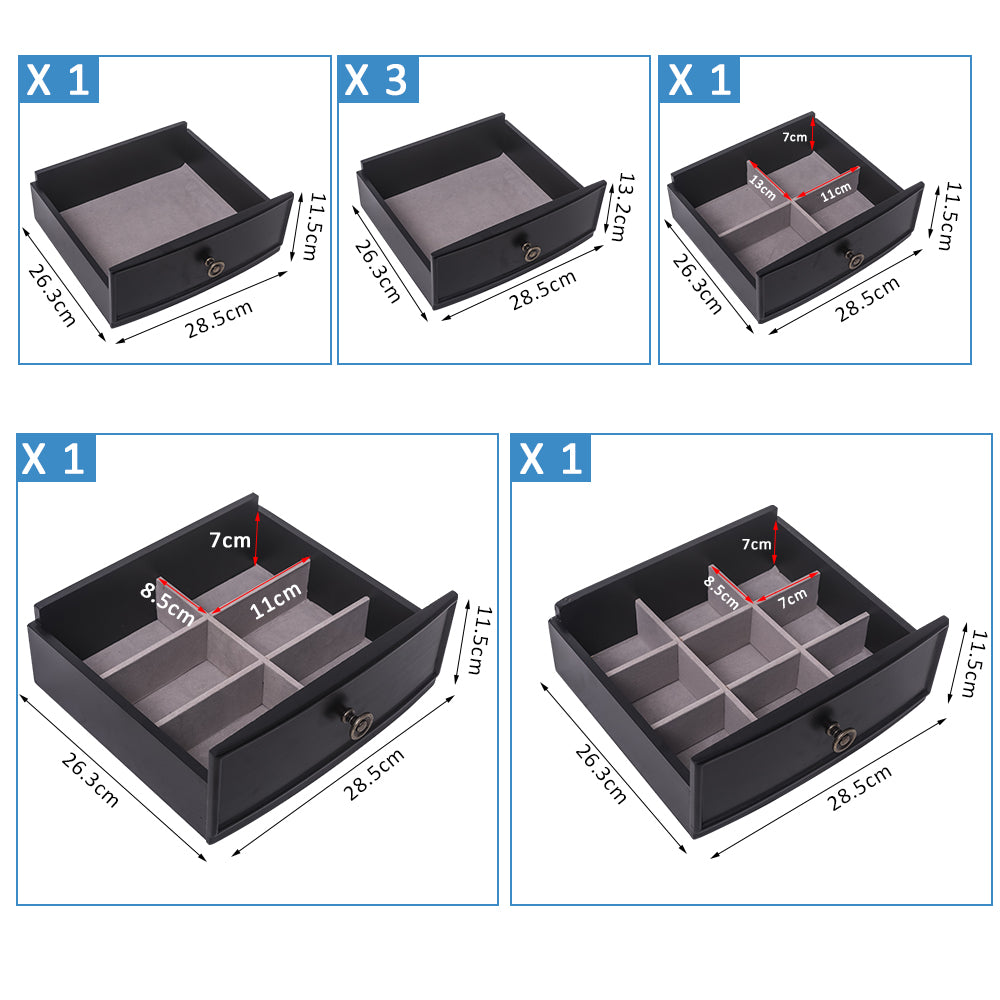 Black jewelry armoire with mirror, 7 drawers, and 24 necklace hooks, shown with dimensions.