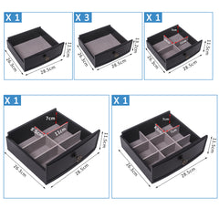 Black jewelry armoire with mirror, 7 drawers, and 24 necklace hooks, shown with dimensions.