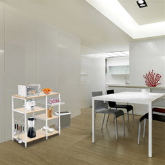 3-tier white oak kitchen baker's rack with microwave, toaster, and utensils on shelves.