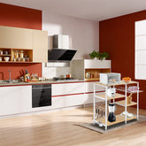 White oak 3-tier kitchen baker's rack with microwave stand, shelves, and hooks in a modern kitchen.