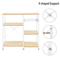 3-tier white oak kitchen baker's rack with X-shaped steel support and wire basket.