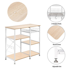 3-tier white oak kitchen baker's rack with shelves, basket, hooks, and adjustable feet.