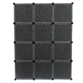 White and black 12-cube closet organizer with doors and snap-together frame.