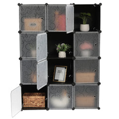 White and black 12-cube closet organizer with doors, some open showing storage bins and decor.