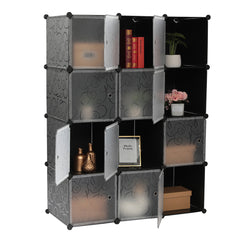 White and black 12-cube closet organizer with frosted doors, some open showing storage items.