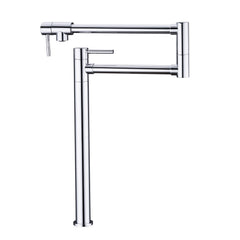 Brushed nickel two-handle brass kitchen pot filler faucet with swing arm.