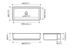 Technical drawing of 36-inch white ceramic farmhouse apron front kitchen sink with dimensions.