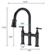 Matte black pull-down double-handle kitchen faucet with dimensions shown.