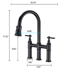 Matte black pull-down double-handle kitchen faucet with dimensions shown.