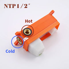Orange N NPT 1/2" wall mount faucet with hot and cold inlets and white cartridge.