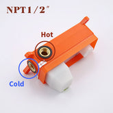 Orange NPT 1/2" wall-mounted hot/cold mixing valve box with brass inlets and white cartridge.