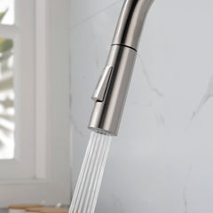 Stainless steel single-handle high-arc pull-down kitchen faucet with sprayer in use.