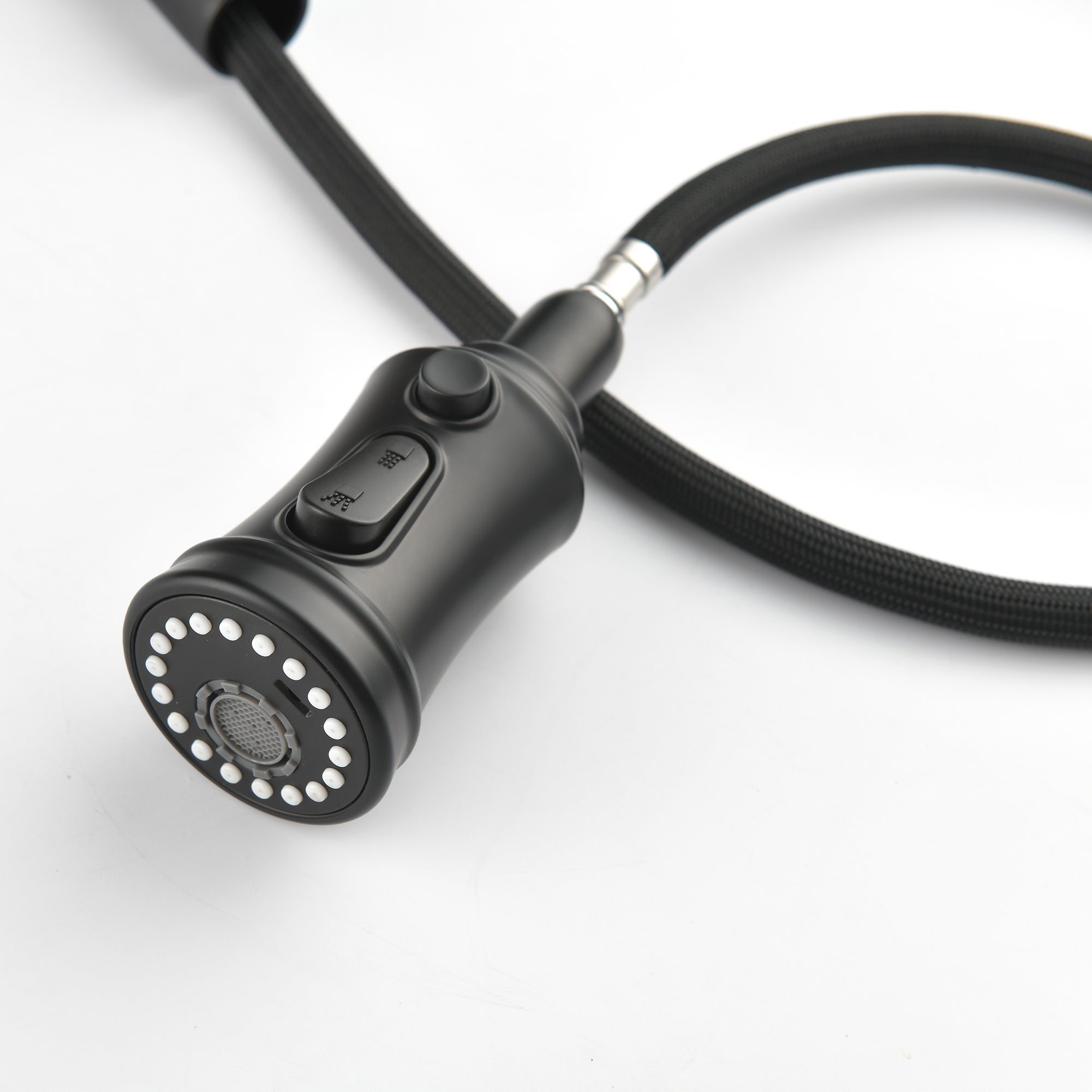 Black stainless steel pull-down kitchen faucet sprayer head with hose and control buttons.