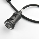 Black stainless steel pull-down kitchen faucet sprayer head with hose and control buttons.