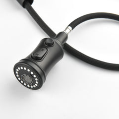 Black stainless steel pull-down kitchen faucet sprayer head with hose and control buttons.