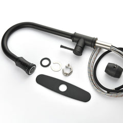 Black stainless steel single-handle high-arc pull-down kitchen faucet with hose, sprayer, and mounting hardware.