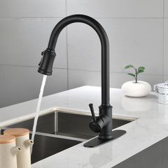 Black stainless steel single-handle high-arc pull-down kitchen faucet with sprayer over a sink.