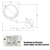 A gold-finish LED wall-mount shaving mirror with dimensions and a power supply unit.