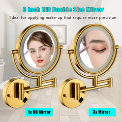 Gold-finished LED wall-mount shaving mirror with 3x magnification and adjustable arm.