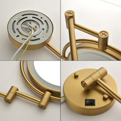 Gold-finished LED wall-mounted shaving mirror with 3x magnification and adjustable arm.