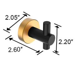 Black and gold round base wall hook made of aluminum alloy, with dimensions shown.