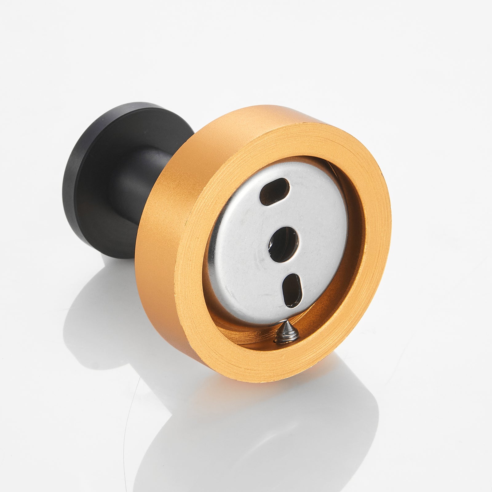 A pack of four black and gold round-base wall-mount towel hooks.