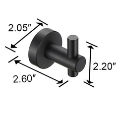 Matte black aluminum wall hook with dimensions 2.2 by 2.6 inches.