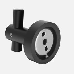 Matte black aluminum wall hook with L-shaped design and mounting holes.