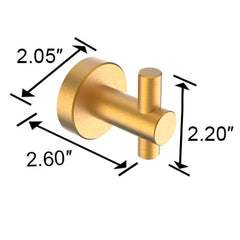 Brushed gold wall mount hook with dimensions 2.05 inches wide, 2.20 inches deep, and 2.60 inches high.