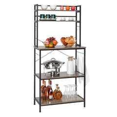 A 5-tier industrial bakers rack in rustic gray with wooden shelves for microwave and kitchen storage.